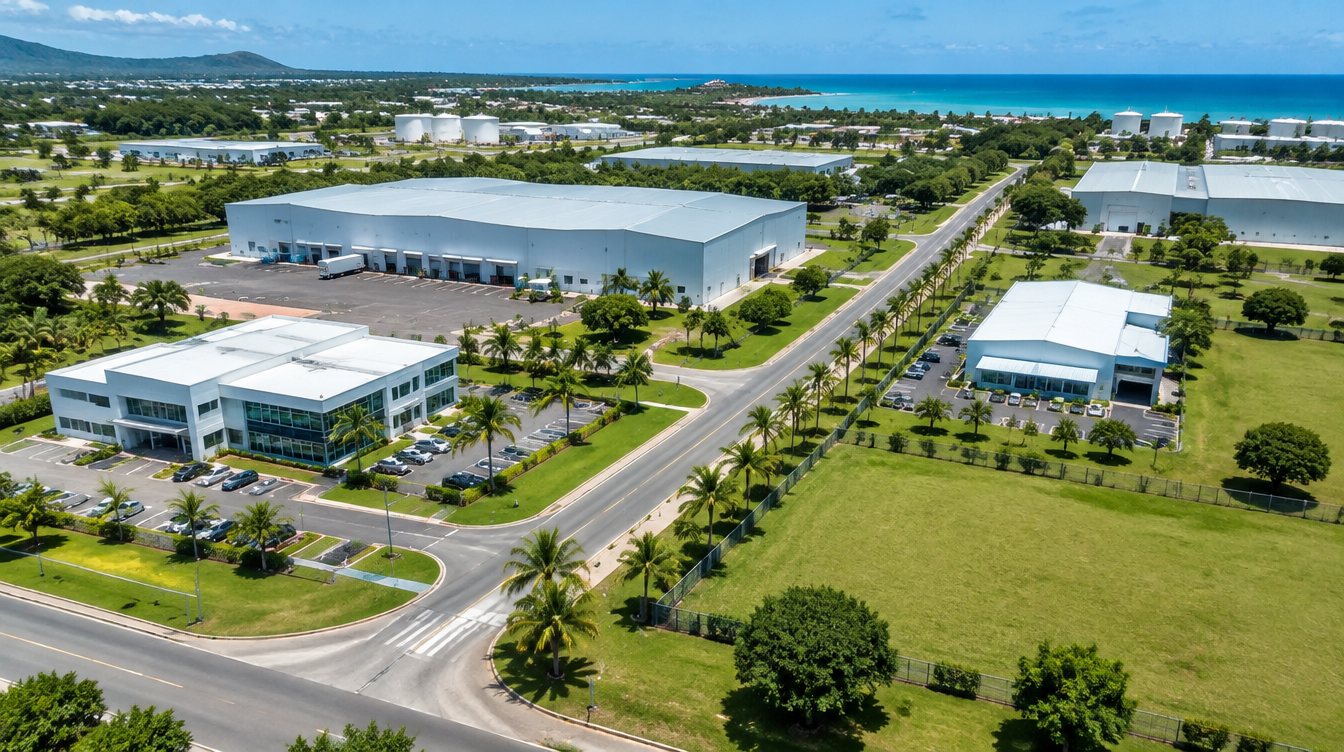 Aerial view of manicured industrial estate grounds