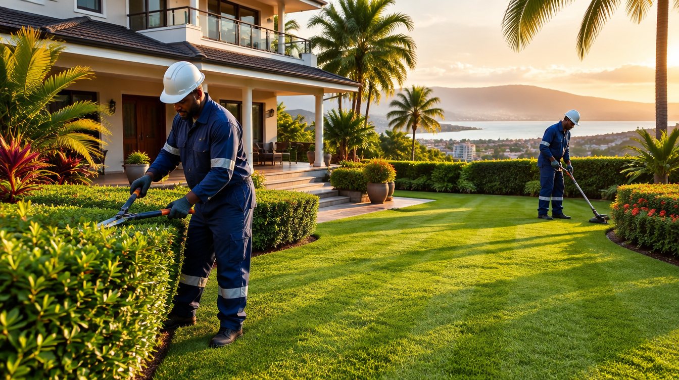 Manicured tropical garden of a Caribbean home with a crew edging the lawn