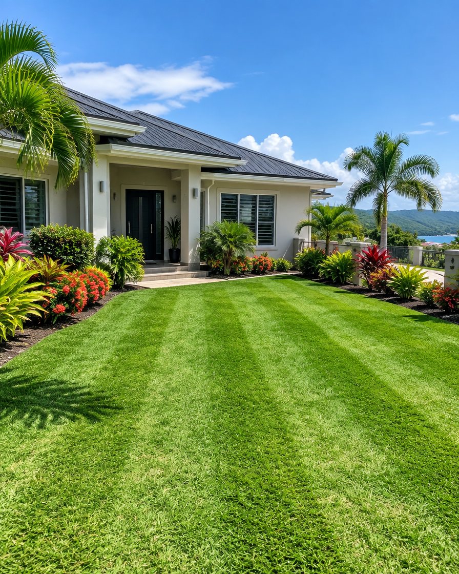 Freshly striped lawn in front of a modern Caribbean home