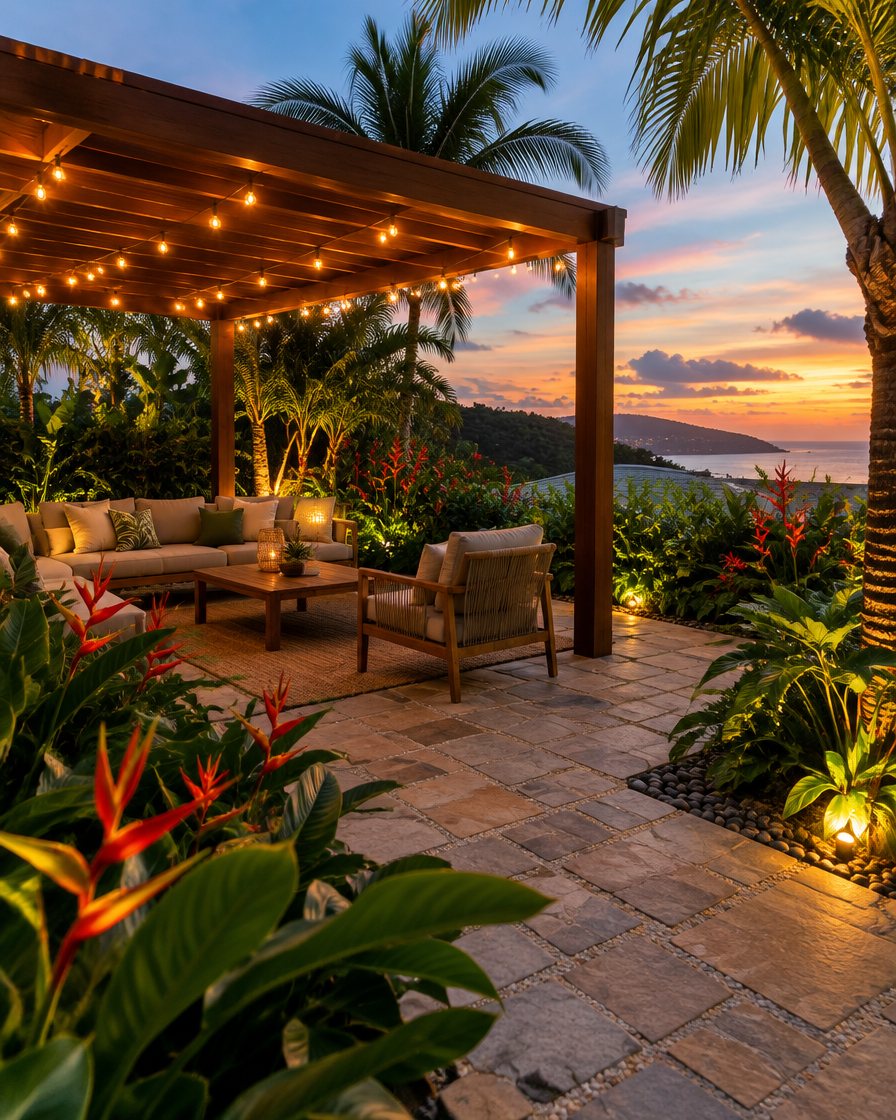 Patio with pergola and warm lights at dusk