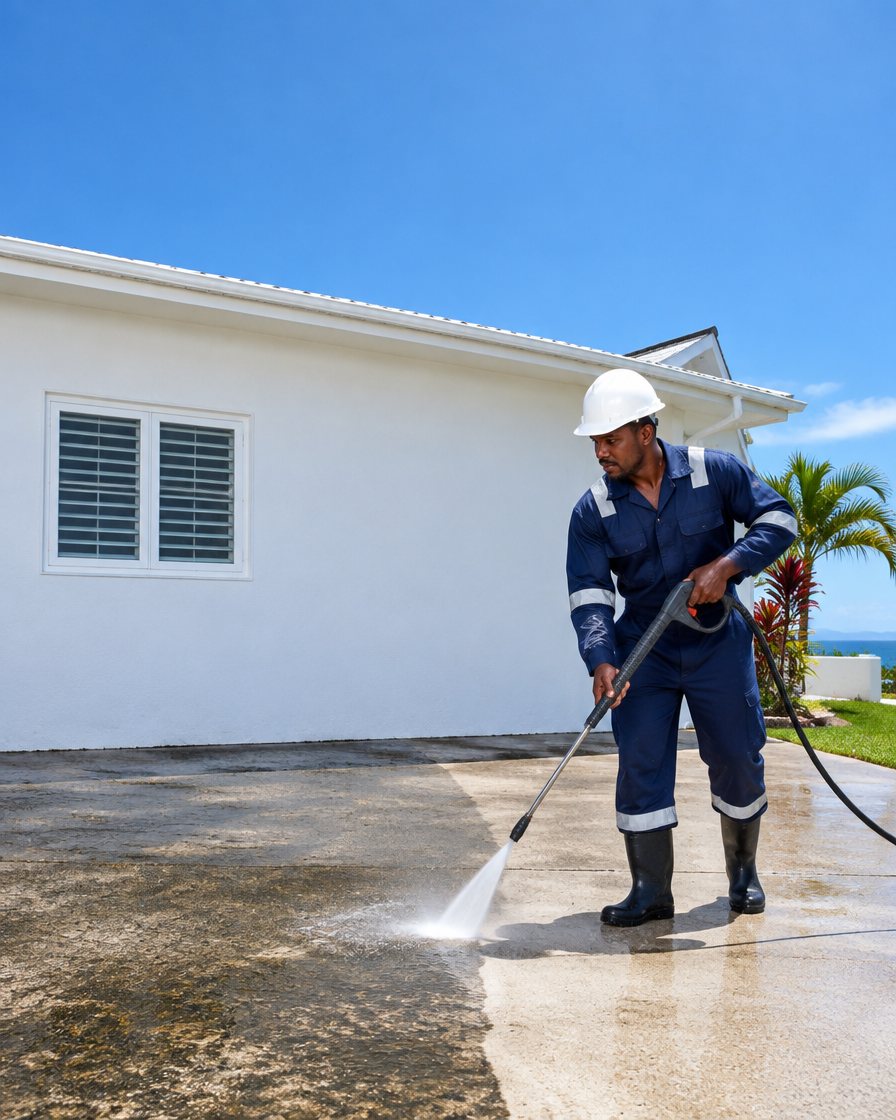 Driveway being pressure washed, clean versus dirty